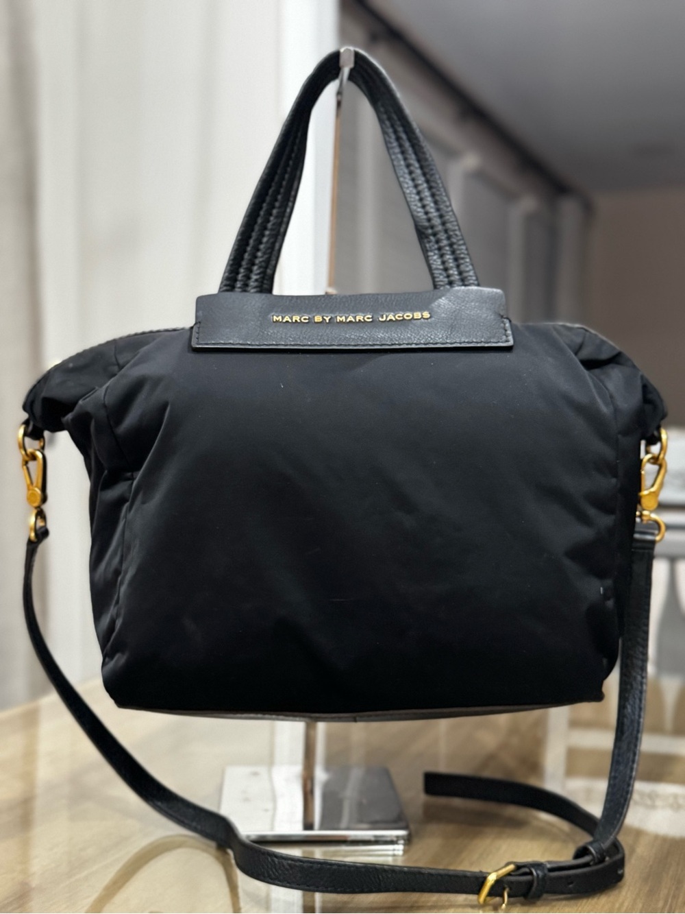 Marc by Marc Jacobs Black Satchel Top Handle Bag Zip Detachable Strap Gold